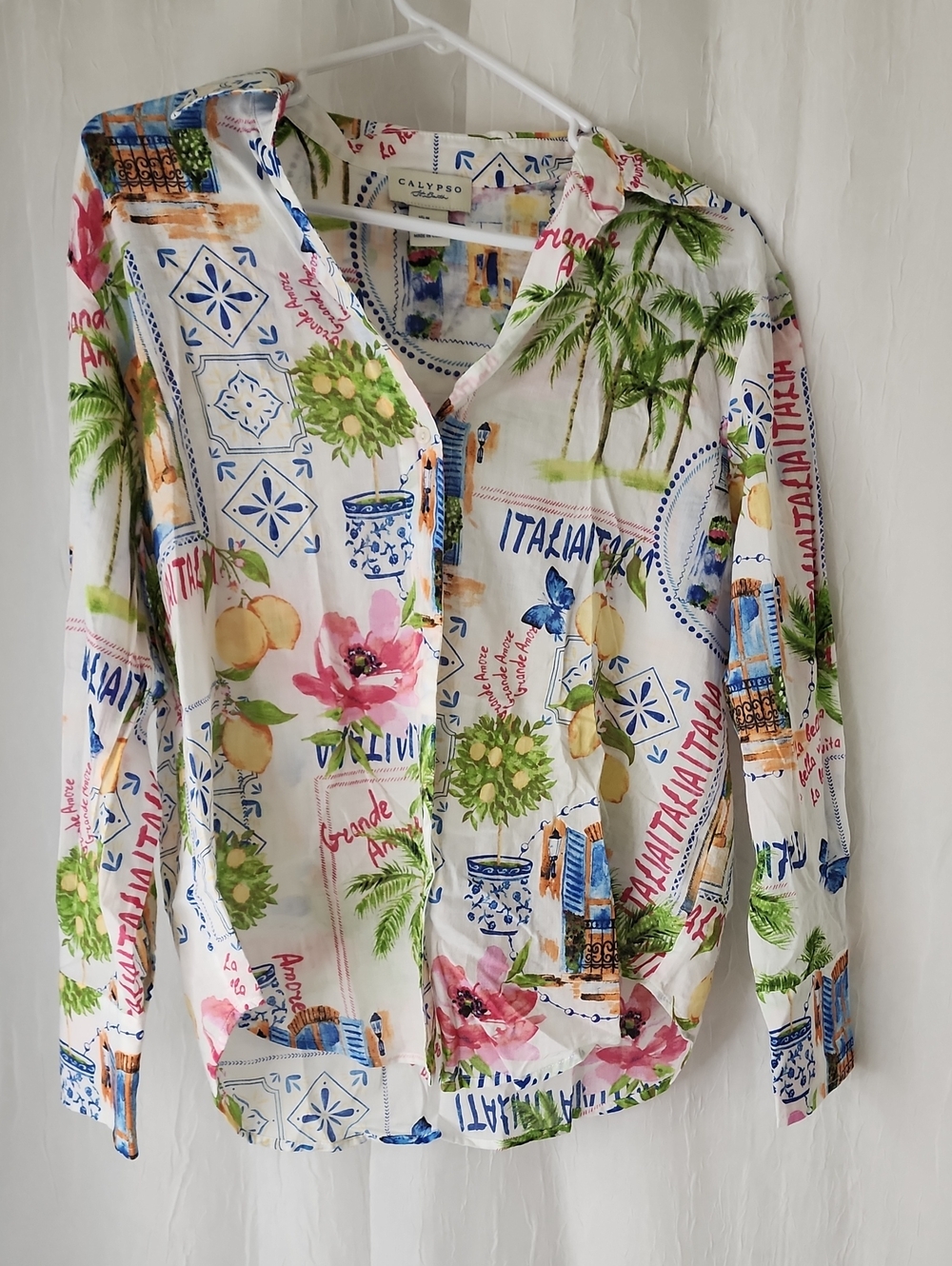 Calypso St. Barth White Floral & Tile Print Linen Shirt